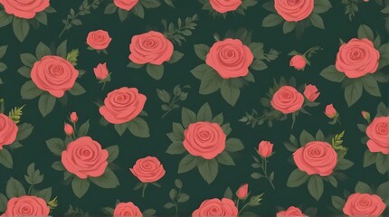 Simple Background of a cartoonishly drawn romantic flower collection with roses, leaves, flower bouquets, flower arrangements, on a dark green background
