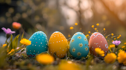 Photograph of easter eggs in a row at a park on the grass. Product photography.