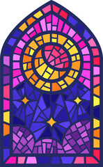 Church glass window. Stained mosaic catholic frame with religious symbol. Color moon illustration