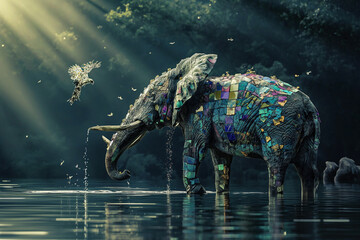 Elephant in the water and flying birds, Generative AI