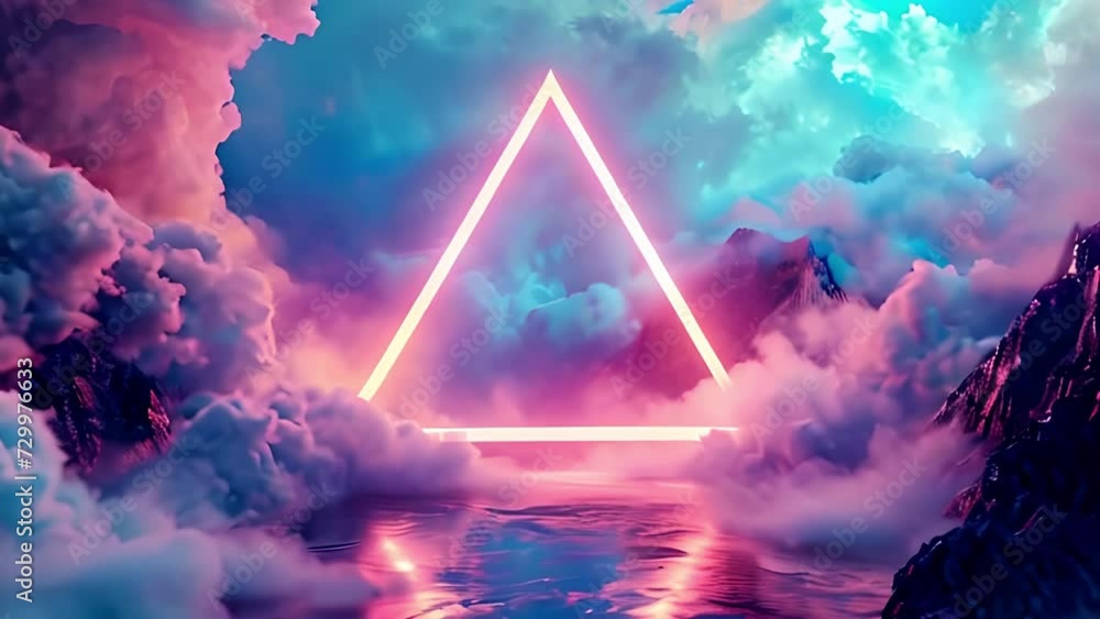 Aufkleber abstract neon glowing triangle surrounded by fog and clouds. modern design background