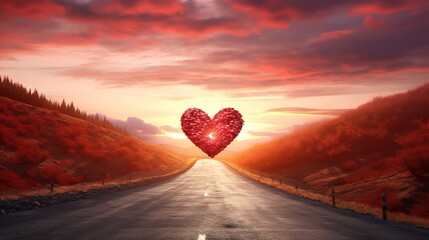 Red heart shaped sky at sunset Beautiful landscape with road and clouds. Road to the heart.