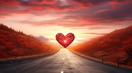 Cercles muraux Couleur saumon Red heart shaped sky at sunset Beautiful landscape with road and clouds. Road to the heart.