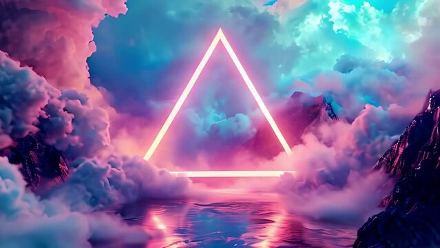 Abstract neon glowing triangle surrounded by fog and clouds. Modern design background