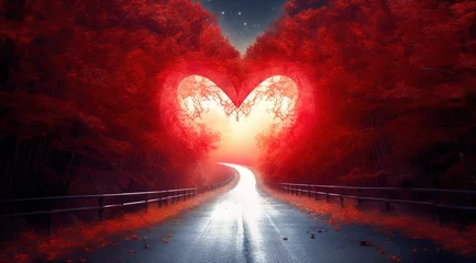 Foto op Canvas Red heart shaped sky at sunset Beautiful landscape with road and clouds. Road to the heart. © Nouman Ashraf