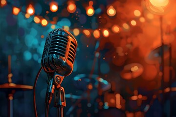 Vintage microphone on stage with bokeh lights at a live music concert. retro music performance setting decor. AI
