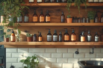 Fototapeta premium Different cosmetics bottles in barbershop