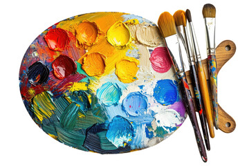 Colorful Painted Artists Palette with Brushes Isolated on Transparent Background - obrazy, fototapety, plakaty