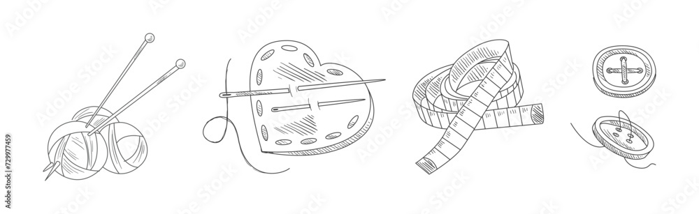 Poster sewing and needlework line sketch object and element vector set