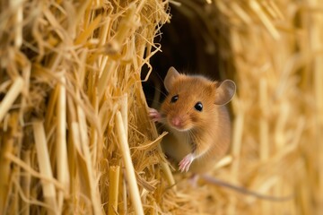 harvest mouse climbing out of a hole in a haystack
