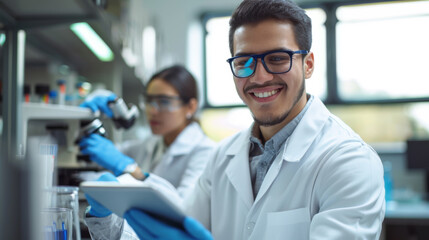 Fototapeta premium cheerful scientist wearing safety glasses and blue gloves, holding a digital tablet