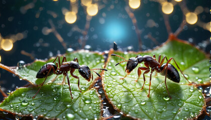 Fototapeta premium Close-up of ants or ant on a leaf in the wonderful green nature in sunlight on a meadow - ai generated