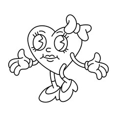 Obraz premium Heart is a contoured female character in the shape of a heart with a bow. A heartfelt character in retro cartoon style. Valentine's Day Coloring book. Flat vector illustrations on a white doodle
