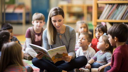 woman teacher nursery kindergarden children together activity storybook read listen classroom...