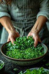 Woman hands hold bowl with microgreen - obrazy, fototapety, plakaty
