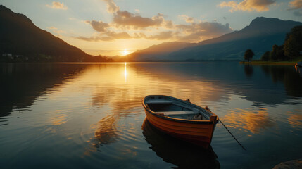 Boat on a peaceful lake with a horizon of mountains in the distance at sunset