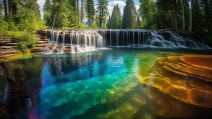 Waterfall Cascading into Rainbow-Hued Pool
