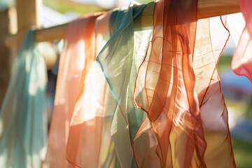 sheer scarves catching sunlight on an outdoor rack at a spring fair