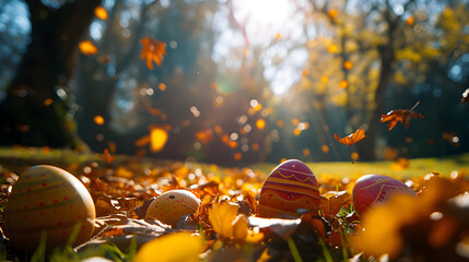 Photograph of easter eggs in a row at a park with autumn leaves. Product photography.