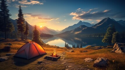 camping tent in a nature hiking spot - obrazy, fototapety, plakaty