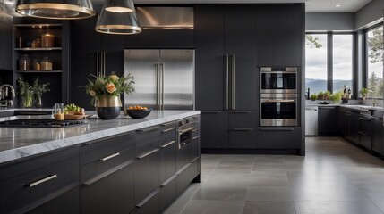 Modern gray kitchen features dark gray flat front cabinets paired with white quartz countertops and a glossy gray linear tile backsplash. Northwest, USA