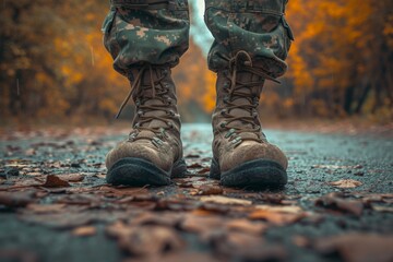 Military man's feet in combat boots - obrazy, fototapety, plakaty