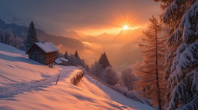 Alpine mountains sunrise, background image, generative AI