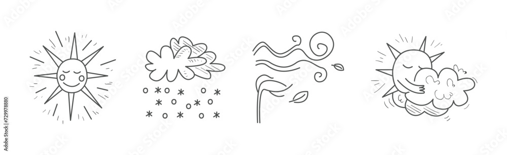 Poster weather line drawn element and sign vector set