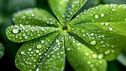 Close up of dew drops on a lucky St Patrick's day four leaf clover