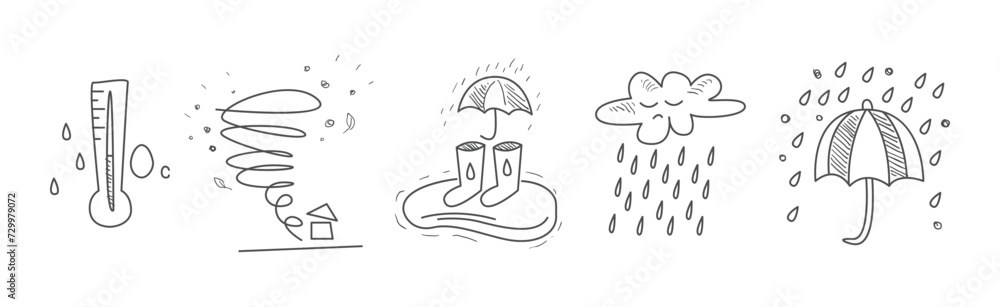 Poster weather line drawn element and sign vector set