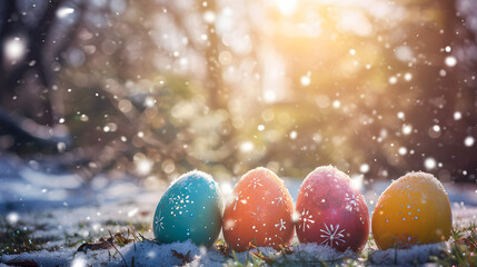 Photograph of easter eggs in a row at a winter park in the snow. Product photography.