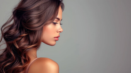 profile portrait of a woman with flowing, wavy brown hair, showcasing a natural makeup look and healthy, radiant skin.