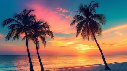 Silhouette of palm trees against a colorful sunset sky on a tranquil beach, background image, generative AI
