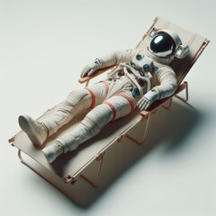astronaut lies on a beach bed
