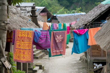 colorful clothing drying on lines between huts