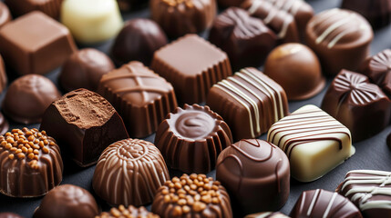 chocolate candies with various fillings, sweet food background. Made with generative ai