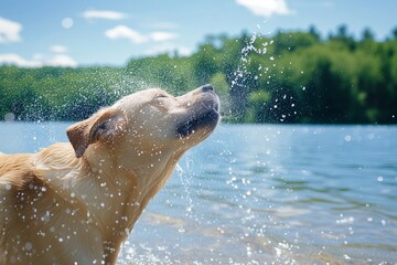 labrador shaking off lake water on sunny day