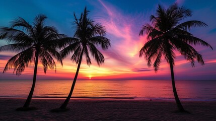 Fototapeta na wymiar Silhouette of palm trees against a colorful sunset sky on a tranquil beach, background image, generative AI