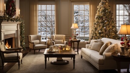 Fototapeta na wymiar Stylish cozy home interior decorated for Christmas. Neural network AI generated art