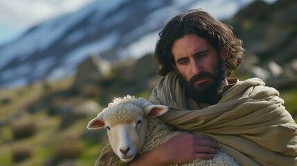 ancient Israelis man holding sheep in arm, Jesus the shepherd, Generative Ai