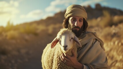 ancient Israelis man holding sheep in arm, Generative Ai