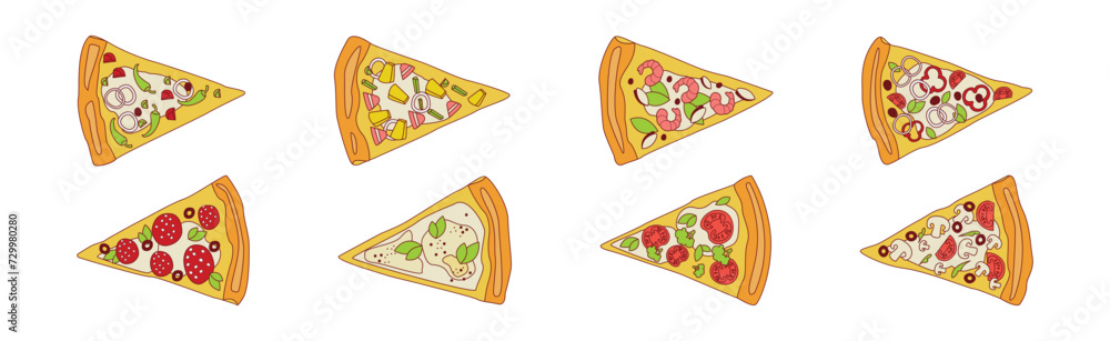 Poster pizza slice with various filling and topping vector set