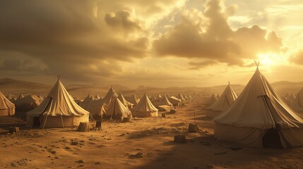 ancient Israelis people live in tent  during wandering in desert, big cloud shade over the camp, old testament believer concept theme, Generative Ai