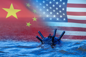 Underwater mine. Flags USA and China. Maritime confrontation America and China. Naval bomb to blow...