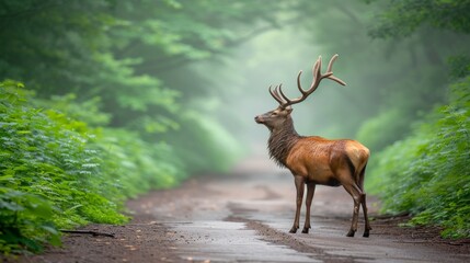 Wild deer standing on misty road near forest, potential road hazards from wildlife