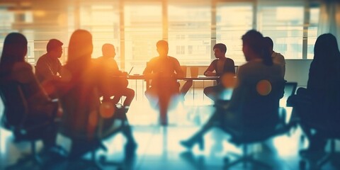 AI generative image: Abstract blurred defocused of asian young team sitting group circle meeting in top wide angle view in modern office.