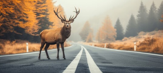 Majestic deer on foggy forest road during misty morning encounter with wildlife and hazards