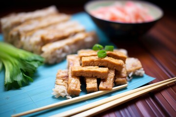 tempeh slices on a bamboo mat