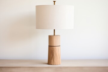a table lamp with wood stand and linen shade