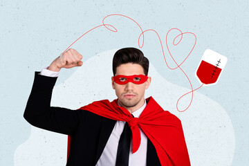Photo collage image young guy businessman wear red mantle mask superhero power blood donation...